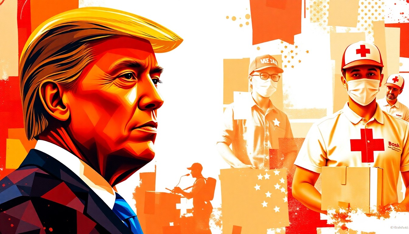 A fractured, overlapping geometric painting in warm colors depicting the silhouette of the president in the foreground, with a DoorDash delivery driver and a Red Cross worker in the background, conceptually representing the unusual events and optics surrounding the president's actions on this particular day.