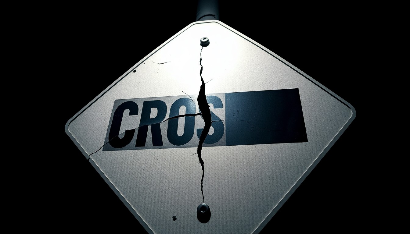 An extreme close-up photograph of a cracked and damaged crosswalk sign, conceptually illustrating the aftermath of a pedestrian accident.