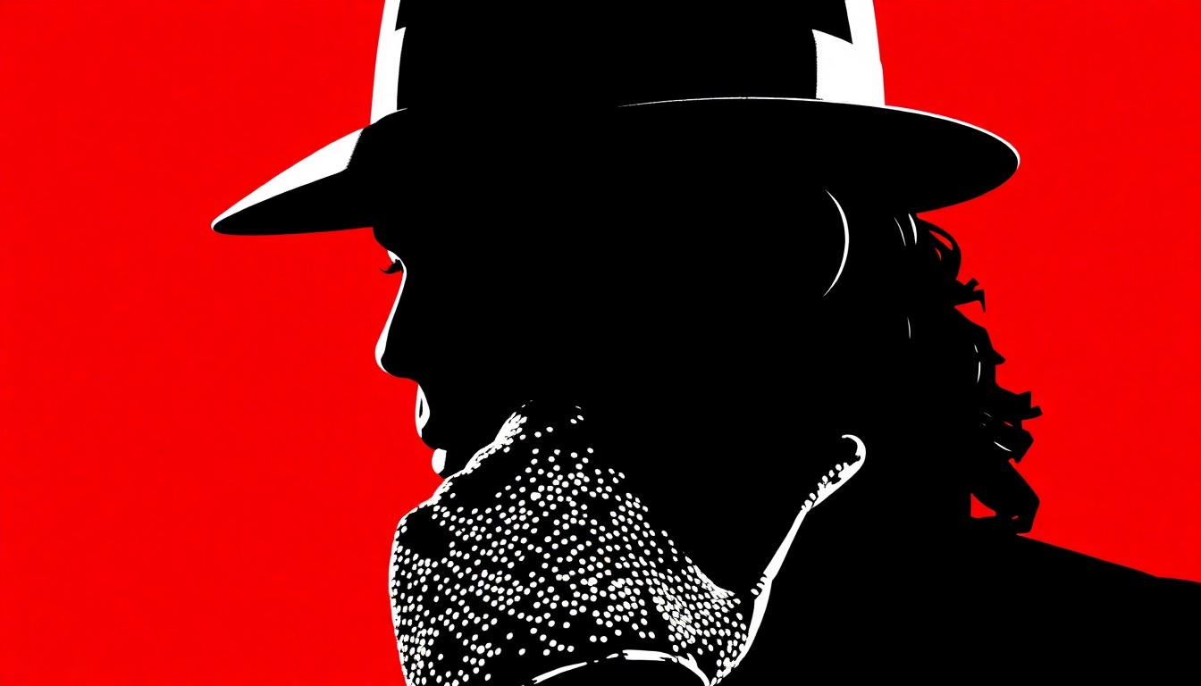 A stark, minimalist black silhouette of Michael Jackson's signature fedora hat and sequined glove set against a vibrant red background, conceptually representing the enduring cultural impact of the pop icon.