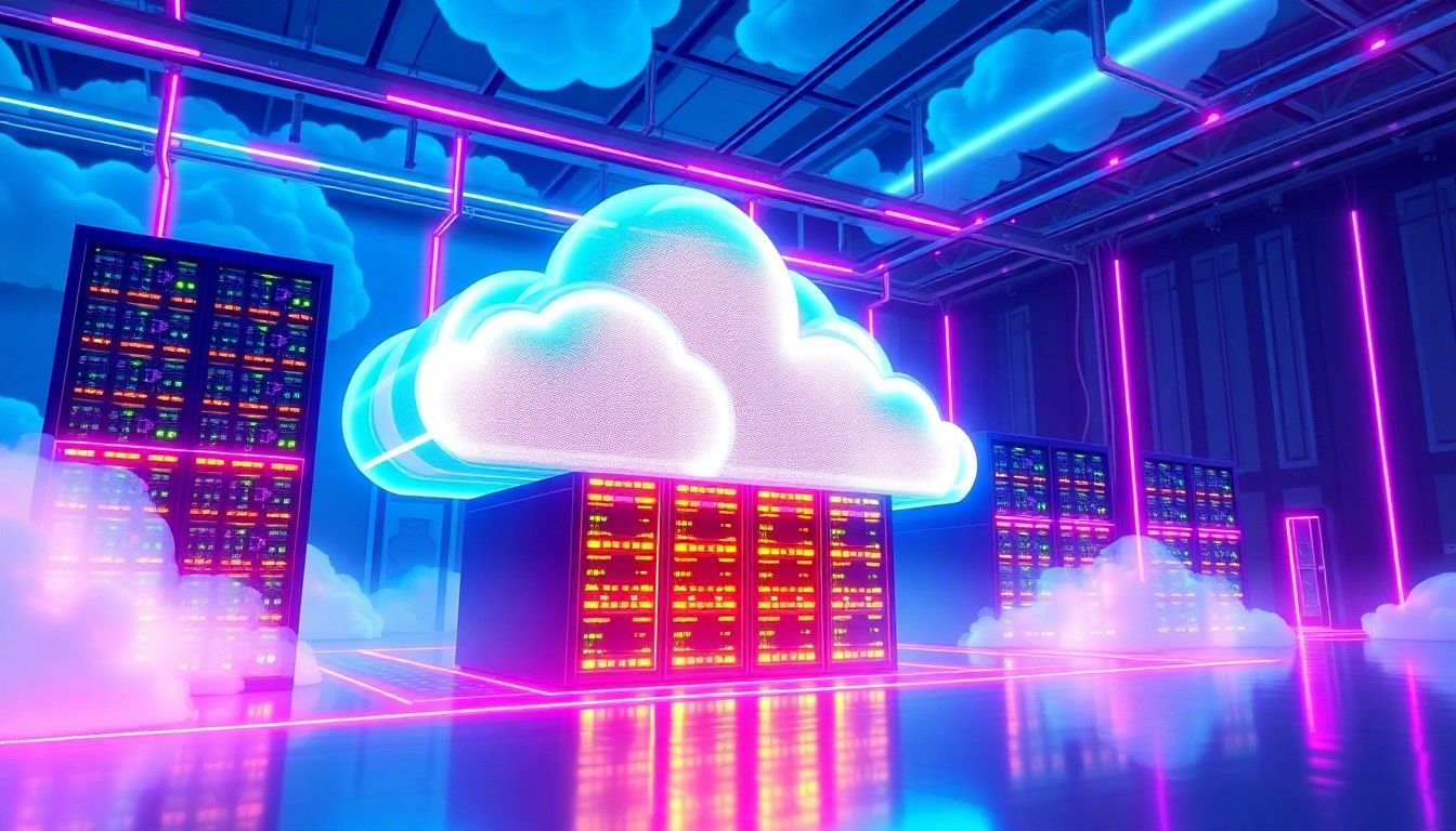 A highly detailed, glowing 3D illustration of a complex cloud-based data center infrastructure with neon cyan and magenta lights, conceptually representing the advanced technology powering Novidea's insurance management platform.