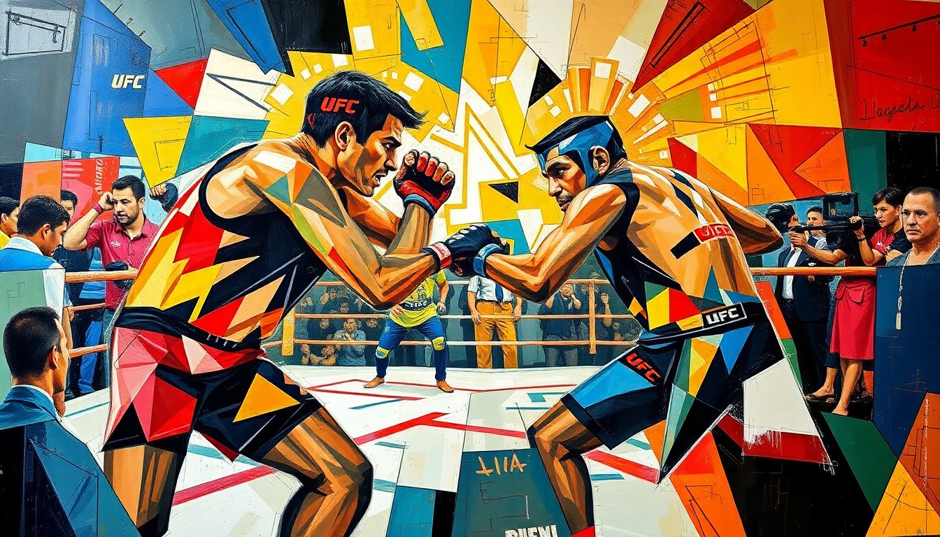 A cubist-style painting depicting a fractured, multi-perspective view of a UFC fight scene, with sharp geometric shapes and bold, clashing colors that capture the raw energy and intensity of mixed martial arts competition.