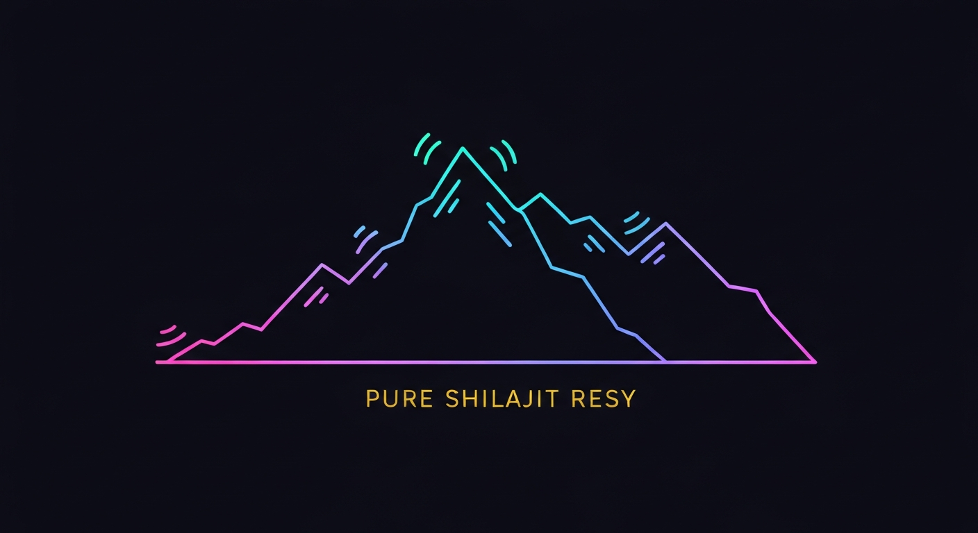 A minimalist illustration featuring a glowing, vibrant neon outline of a Himalayan mountain landscape against a dark background, conceptually representing the natural energy and mineral composition of pure shilajit resin.