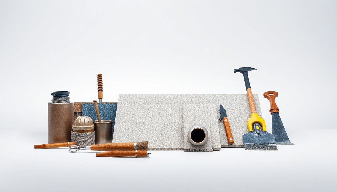 A high-end, photorealistic studio still-life photograph featuring a collection of polished roofing materials and tools arranged elegantly on a clean, monochromatic background, conceptually representing the abstract concepts of commercial roof maintenance and long-term planning.