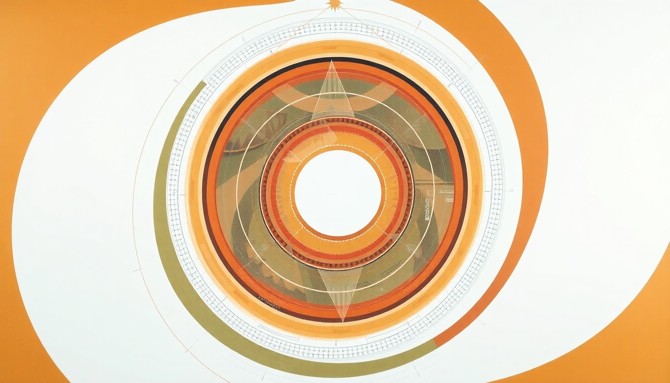A bold, abstract painting in earthy tones featuring sweeping geometric shapes, concentric circles, and precise mechanical spirals, conceptually representing the complex systems and interconnected forces of a modern meat processing and innovation facility.