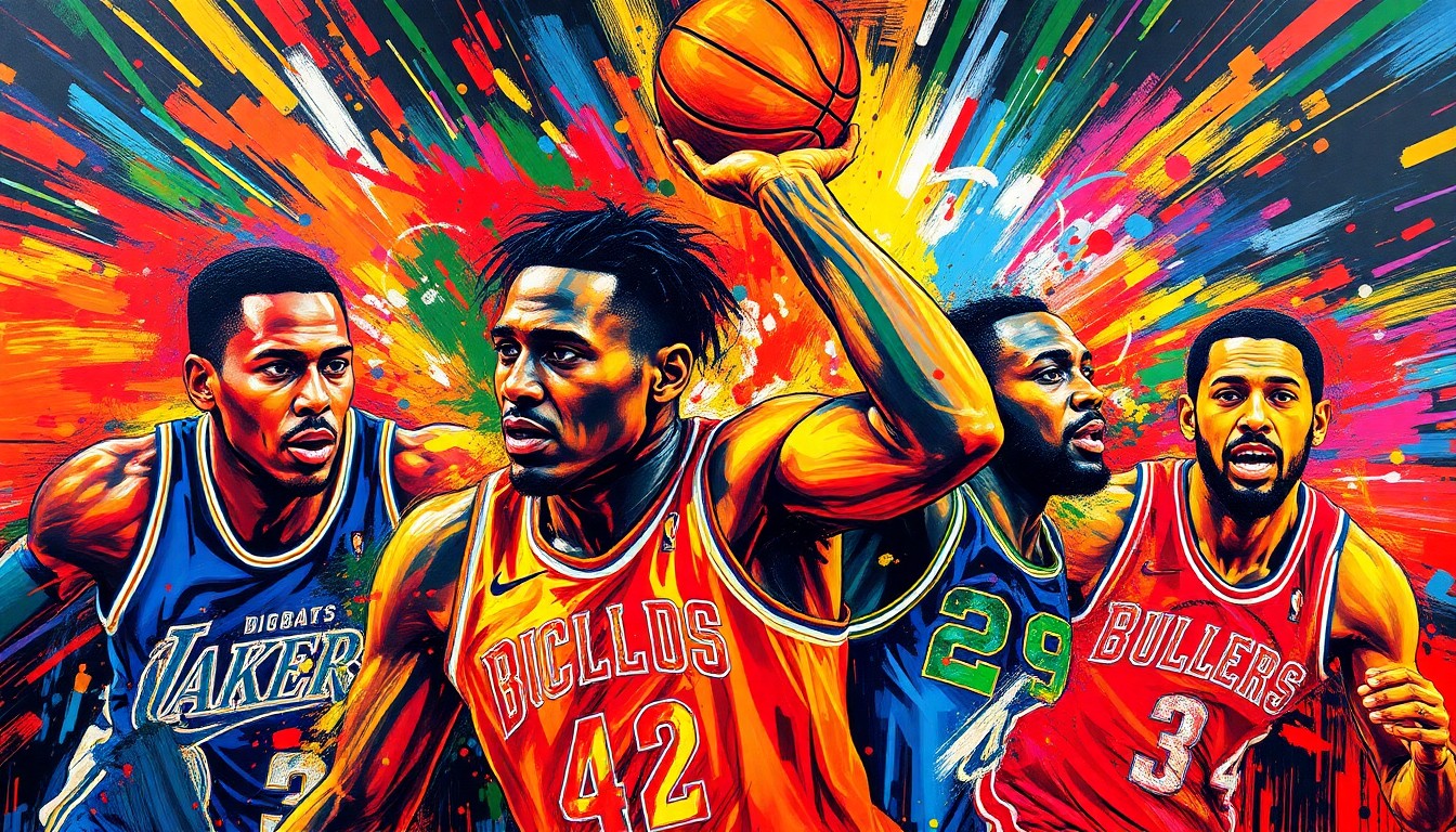 An abstract, energetic painting in neon colors depicting the dynamic movements of basketball players, with faces and details obscured by the expressionist brushstrokes.