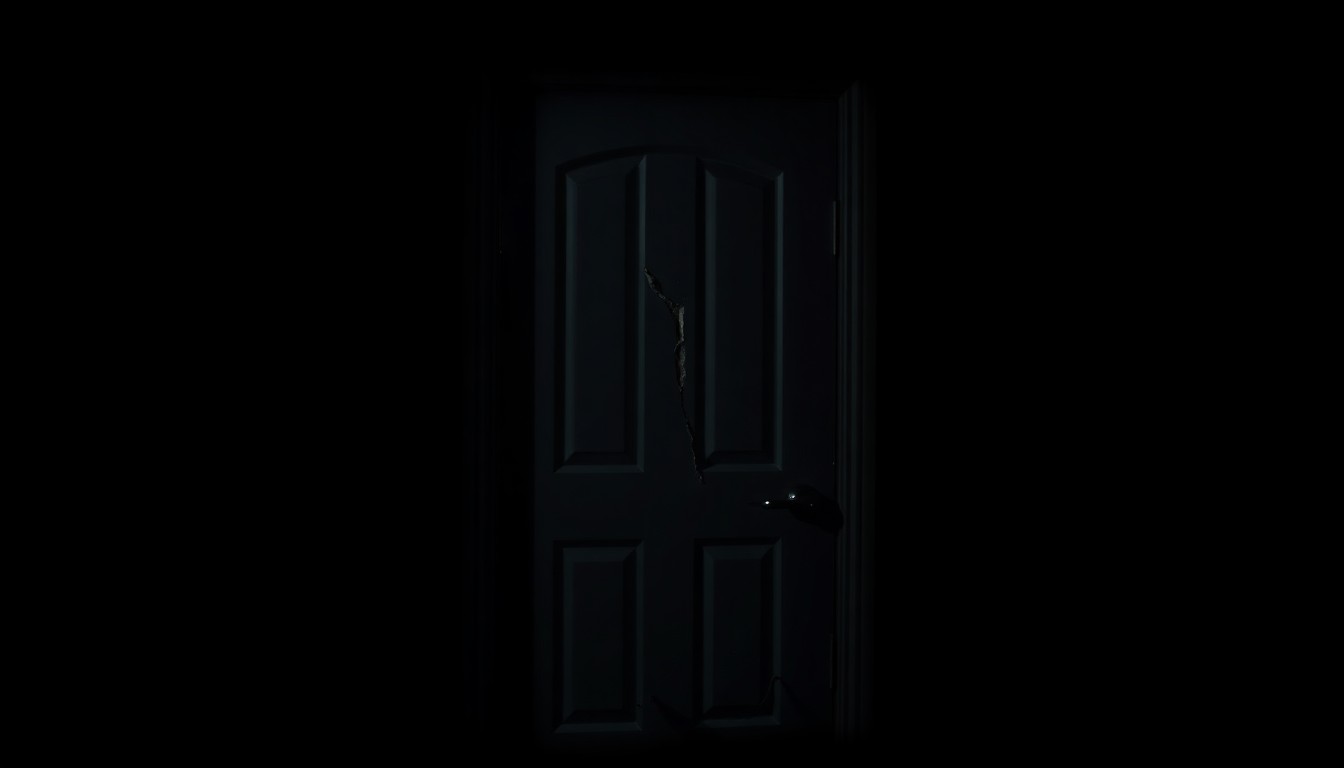 An extreme close-up photograph of a damaged park bathroom stall door, with the metal frame bent and the wood splintered, conceptually illustrating the aftermath of a vandalism incident at a local public park.