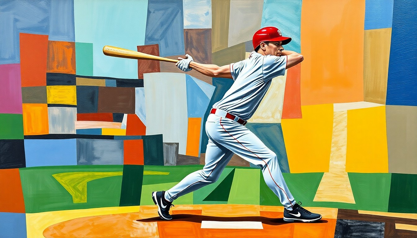 A fragmented, geometric painting depicting a baseball player in various stages of their swing and fielding action, with vibrant colors and sharp, overlapping shapes that capture the raw energy and motion of the sport.