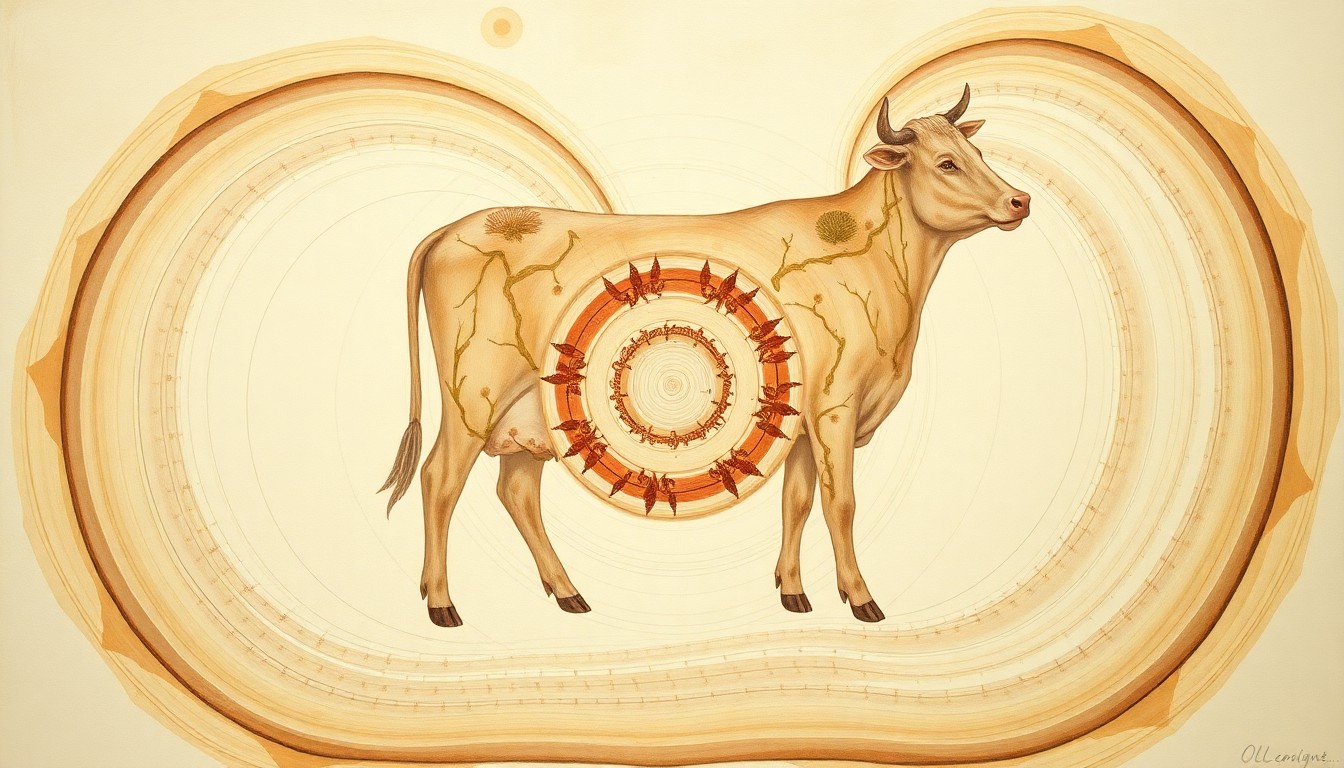 A bold, abstract painting in muted earth tones featuring sweeping geometric arcs, concentric circles, and precise botanical spirals, conceptually representing the complex physiological forces at play during bovine pregnancy.