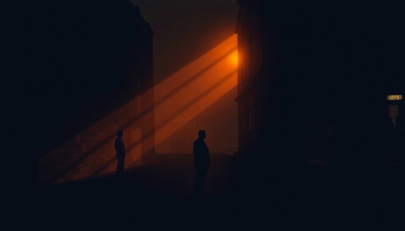 A moody, cinematic painting of a solitary political figure standing alone in an urban setting, the scene bathed in warm, dramatic lighting and deep shadows, conveying a sense of tension and uncertainty.