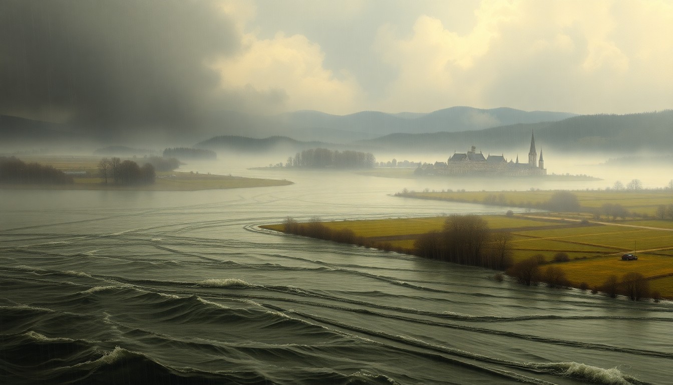 A sweeping landscape painting in muted blues, grays, and greens, with a raging river or flooded area dominating the foreground and obscuring a small town in the distance, conveying the overwhelming power of nature.