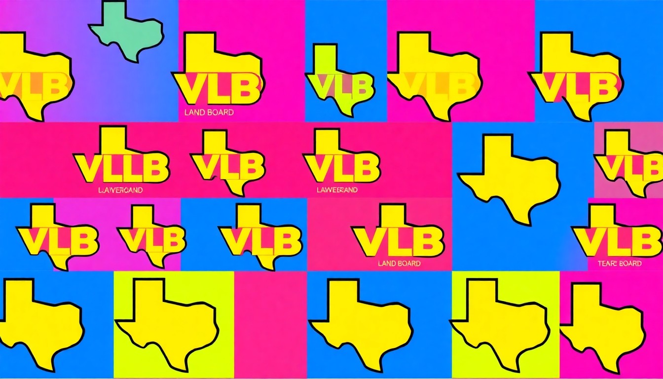 A bold, abstract silkscreen illustration featuring the Texas Veterans Land Board logo repeated in a grid pattern, using bright, neon-inspired colors and heavy black outlines to create a modern, pop art-inspired visual metaphor for the organization's commitment to serving veterans.