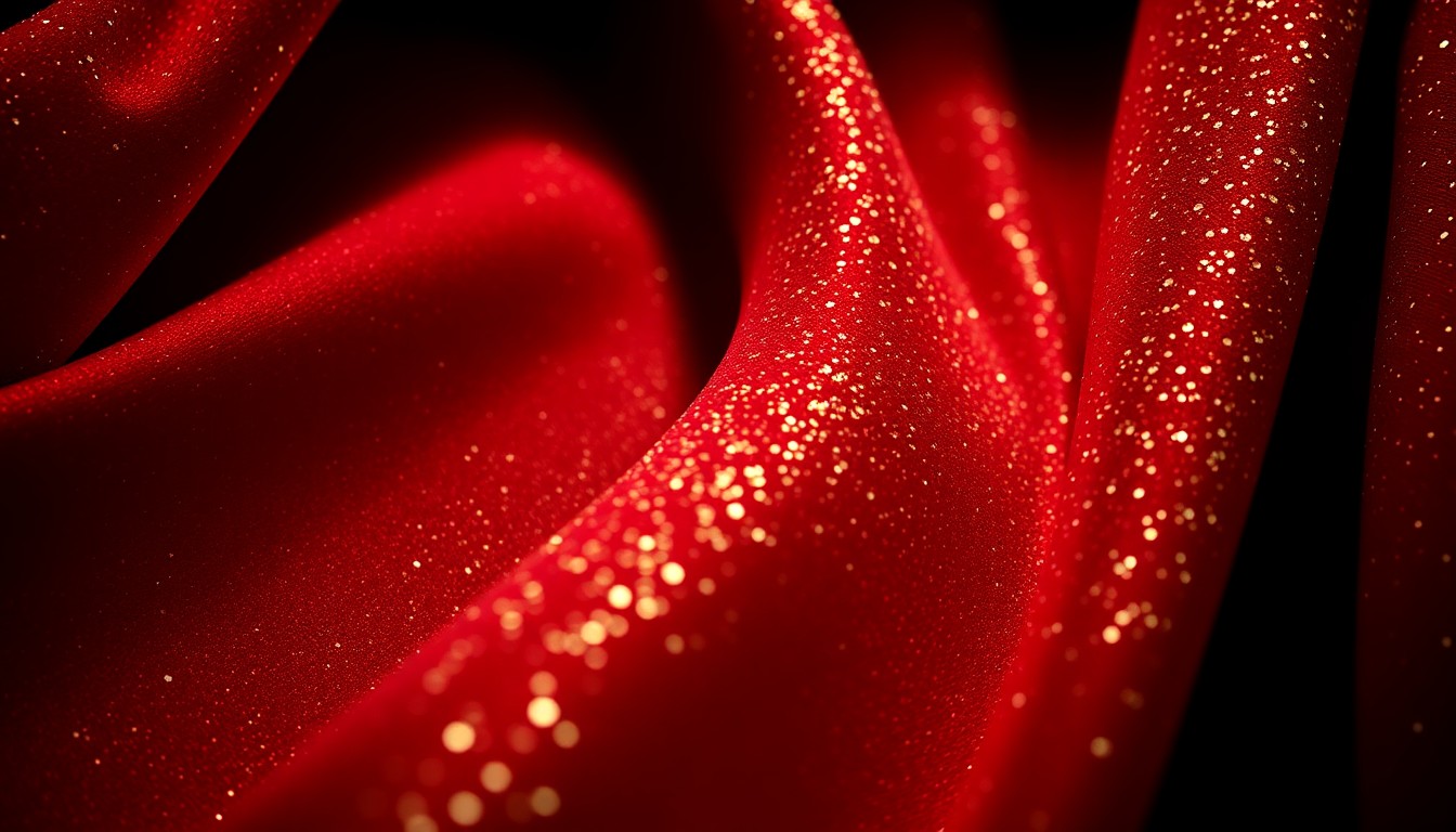 An extreme close-up of richly textured, shimmering fabric in deep red and gold hues, conveying the glamour and emotional weight of the film's narrative.