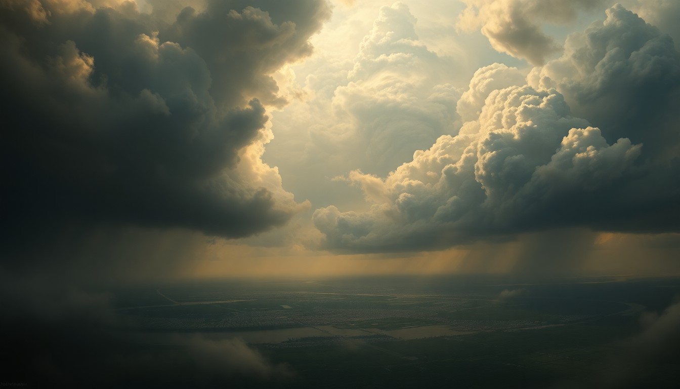 A dramatic landscape painting in the style of Caspar David Friedrich, depicting an approaching hurricane over the city of Tampa. The city is dwarfed by the overwhelming scale of the swirling clouds and turbulent weather, conveying the power of nature and the importance of Johnson's weather forecasting work.