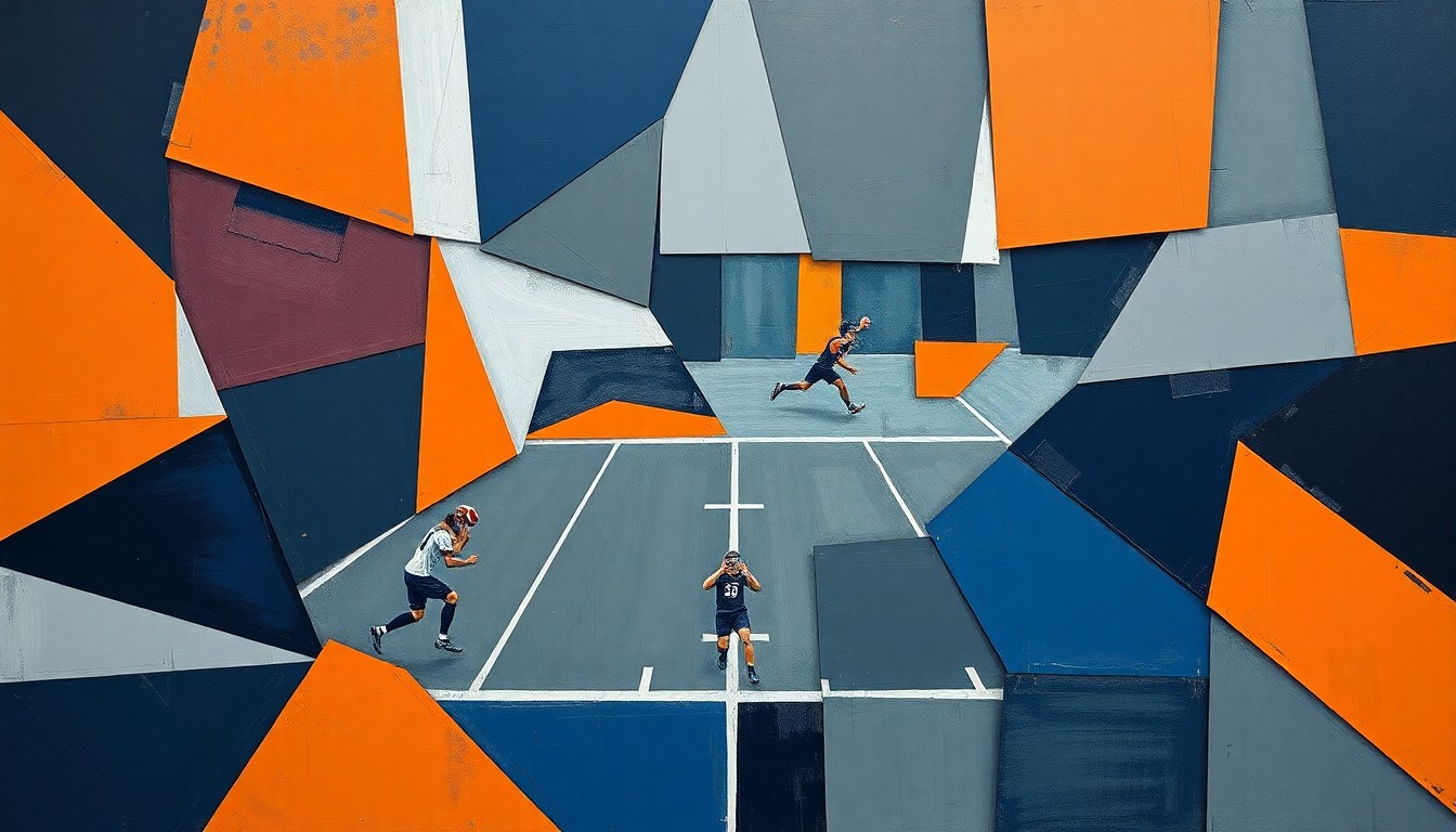 A fragmented, cubist-style illustration depicting a football game, with players and the field broken down into sharp, overlapping geometric shapes in navy, gray, and orange tones, conveying the strategic maneuvering of the NFL draft.