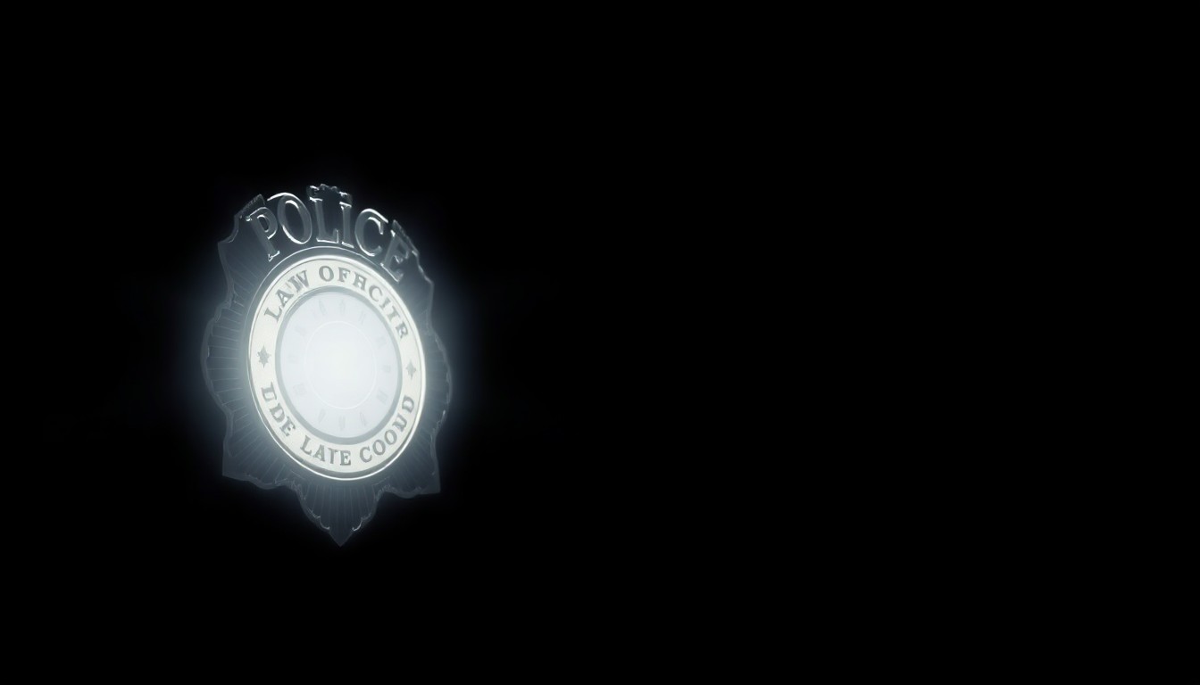 An extreme close-up photograph of a police badge or other law enforcement equipment, lit by a harsh, direct camera flash against a pitch-black background, conceptually representing the increased police presence and community engagement in Boynton Beach's redevelopment district.