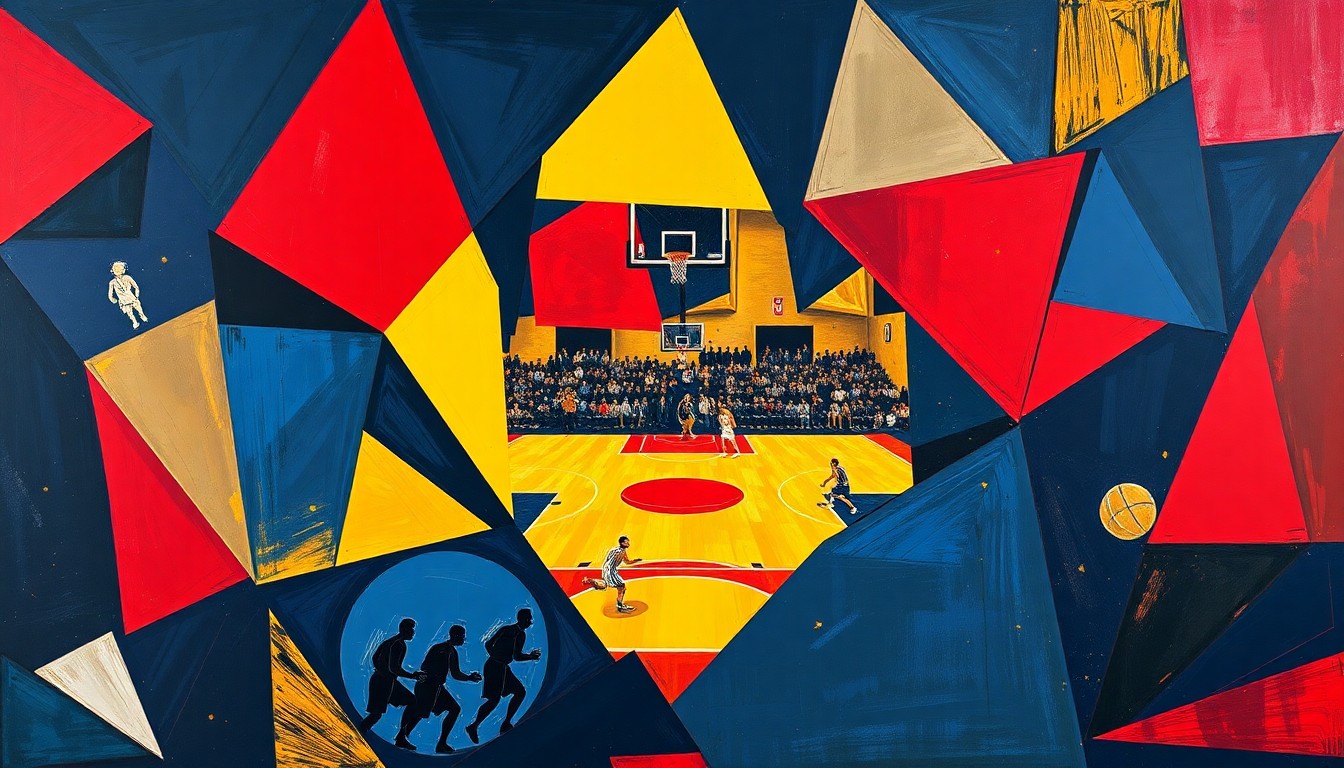 A fragmented, geometric painting depicting a basketball game or match, with sharp planes of navy, crimson, and gold colors overlapping to create a dynamic, multi-angled visual representation of the sporting event.