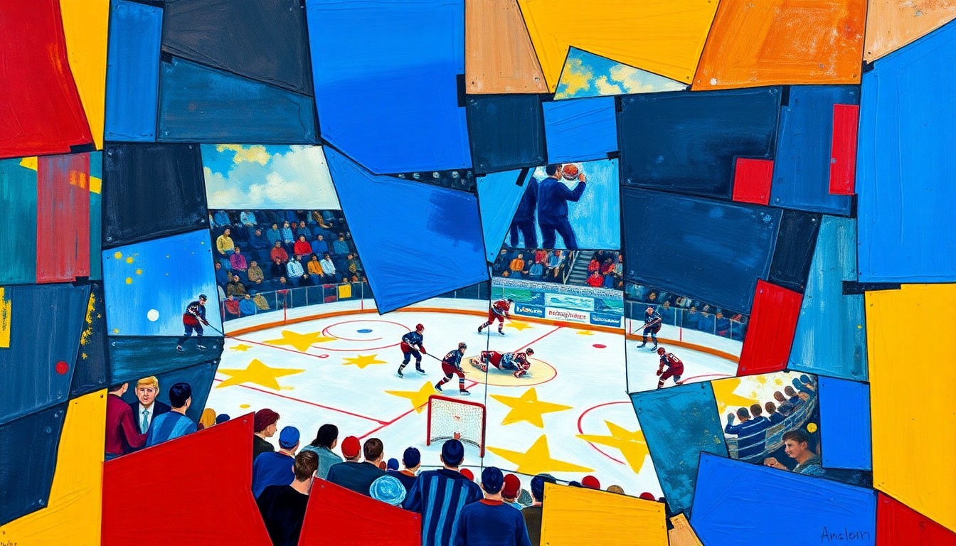 A cubist, geometric painting depicting a hockey game or match, with sharp, overlapping planes of vibrant colors like royal blue, crimson red, and golden yellow, capturing the dynamic energy and action of the sport.