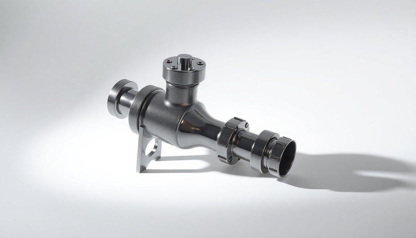 A highly polished, geometric metal sculpture in the shape of a natural gas pipeline valve, resting on a clean, monochromatic background and dramatically lit to conceptually represent the complex energy infrastructure and regulatory environment surrounding new LNG projects.