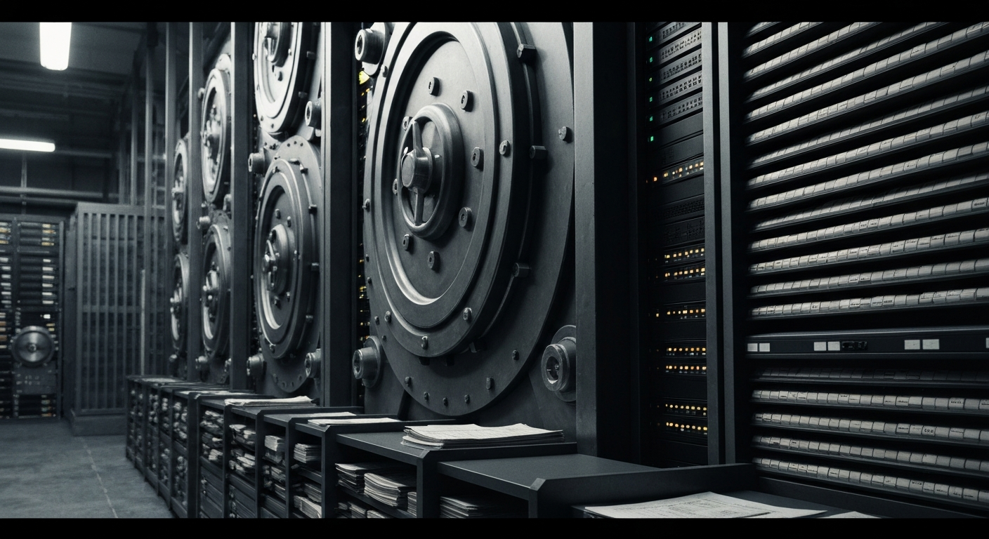 An extreme close-up of heavy, industrial banking equipment and machinery, conveying the scale and complexity of the financial systems underlying Chelsea's financial troubles.