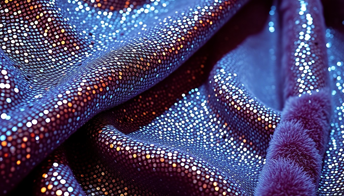 An extreme close-up of shimmering cruise ship decor textures like sequins and polished chrome, conceptually representing the glamour and luxury of the Northernlion Supercruise event.