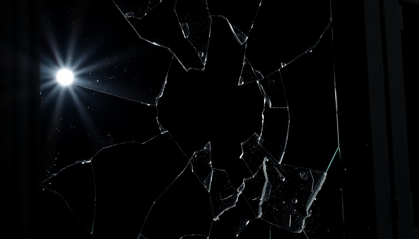 An extreme close-up photograph of a shattered glass prison window, lit by a harsh, direct camera flash against a pitch-black background, creating a stark, gritty, investigative aesthetic.