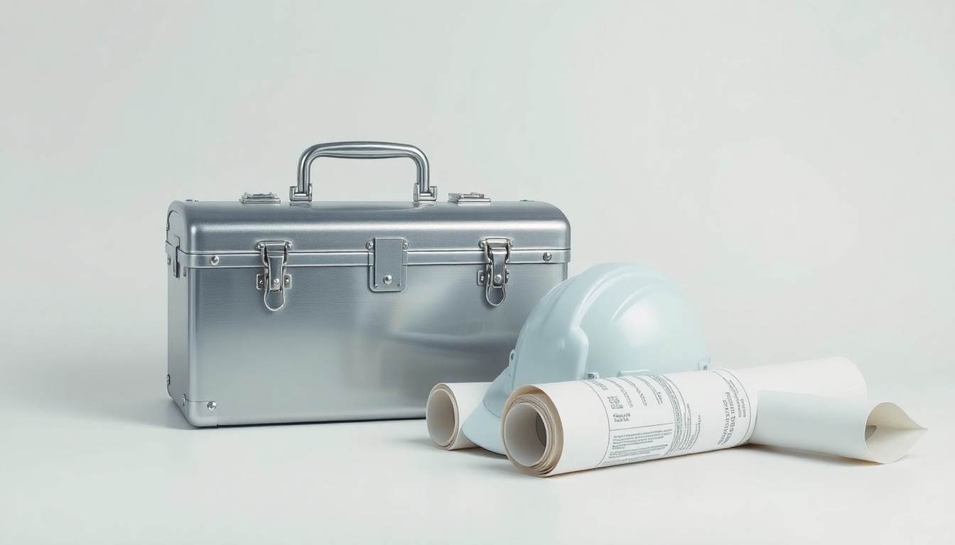 A minimalist, high-end studio still-life photograph featuring a polished metal toolbox, a hardhat, and a rolled-up blueprint, conceptually representing the construction and restoration services that FirstService Corporation provides through its acquisition of the Paul Davis Restoration franchise.