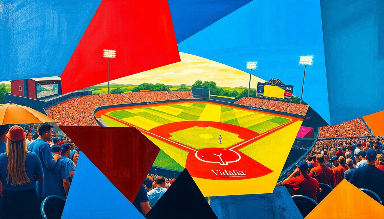 A fragmented, geometric painting in bold colors depicting the action and movement of a baseball game, with players and field elements deconstructed into overlapping angular shapes.