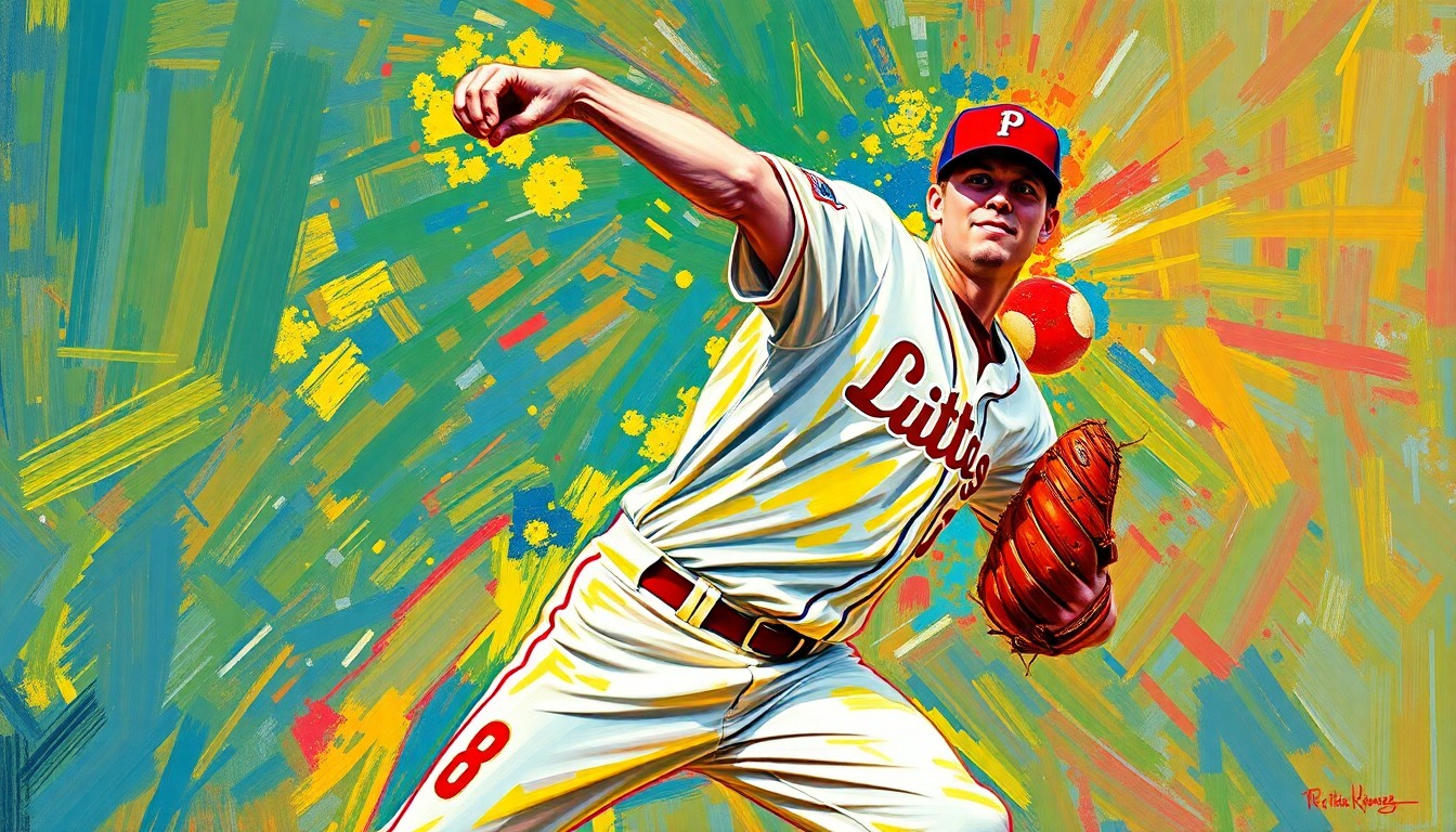An abstract expressionist painting in vibrant neon colors, with rapid brushstrokes capturing the explosive motion and energy of a baseball pitcher in the midst of delivering a pitch.