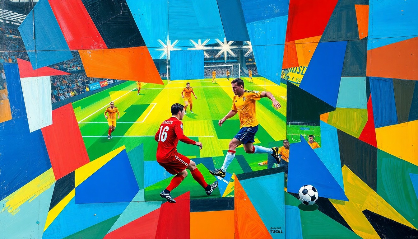 A fragmented, geometric painting in bold colors depicting a soccer player or match, conceptually representing the complex discussions around Neymar's World Cup selection.