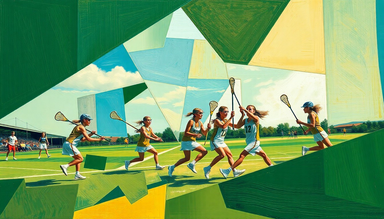 A fractured, multi-perspective painting in a cubist style, using sharp geometric planes in shades of green, blue, and ochre to capture the energy and action of a girls lacrosse game, without any recognizable faces or logos.