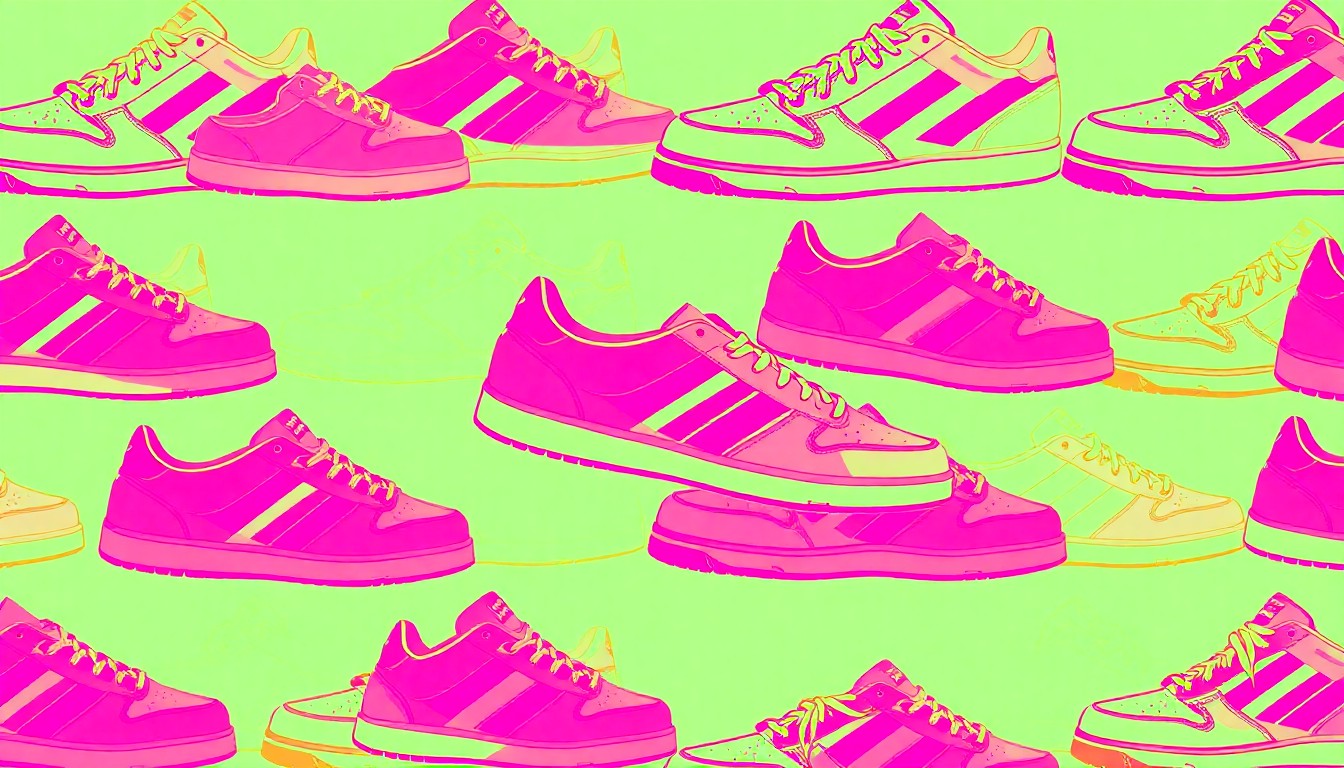 A bold, colorful silkscreen-style illustration featuring a repeated pattern of a single athletic shoe in bright neon hues, conceptually representing the impact of providing new shoes to children in need.