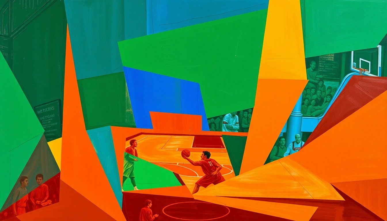 A fractured, multi-perspective painting breaking down a basketball game or match into sharp, overlapping geometric planes in a vibrant color palette, conceptually representing the growth and development of an NBA player over multiple seasons.