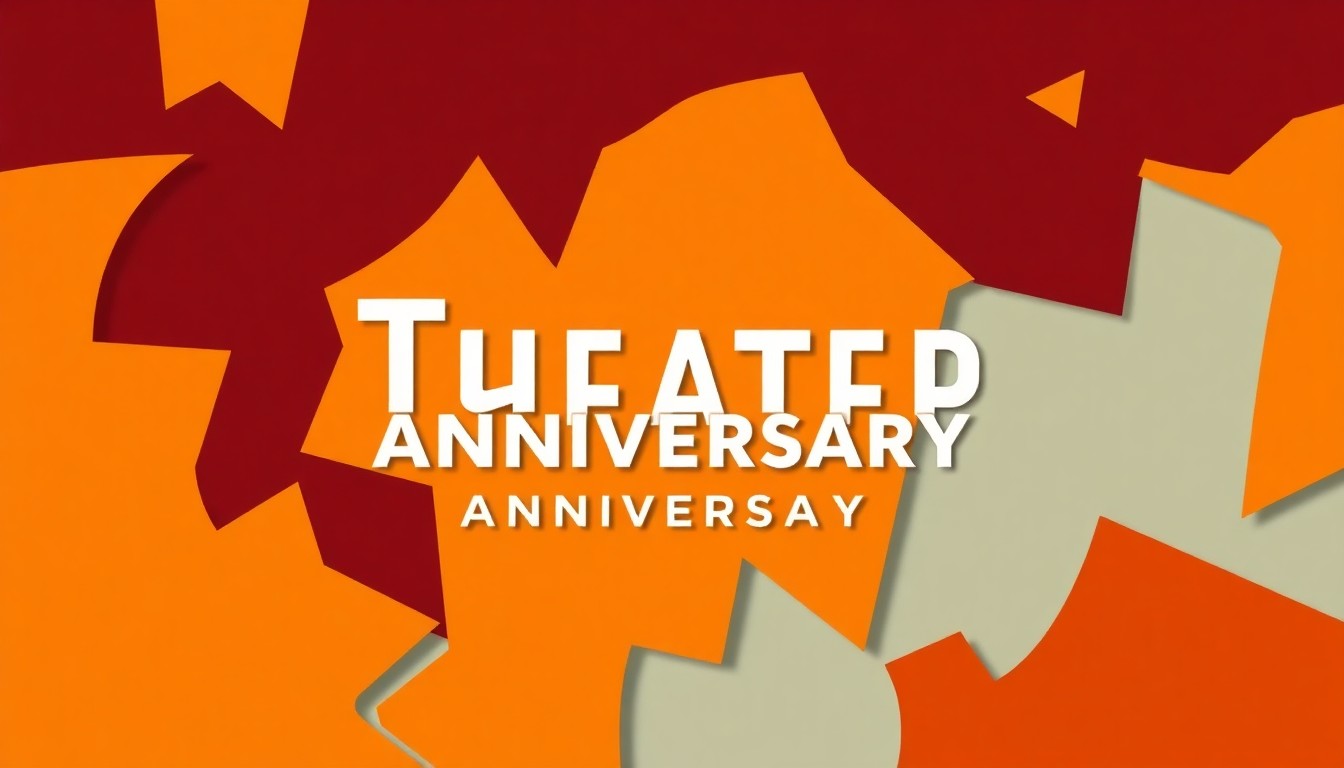 An abstract, minimalist illustration featuring bold, jagged shapes in warm, earthy tones, capturing the celebratory energy of a local theater's milestone anniversary.