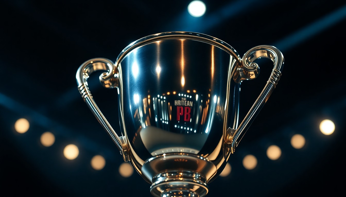 An extreme close-up photograph of a shiny, metallic trophy or award, capturing the glitz and glamour of televised competitions through dramatic studio lighting and abstract textures.
