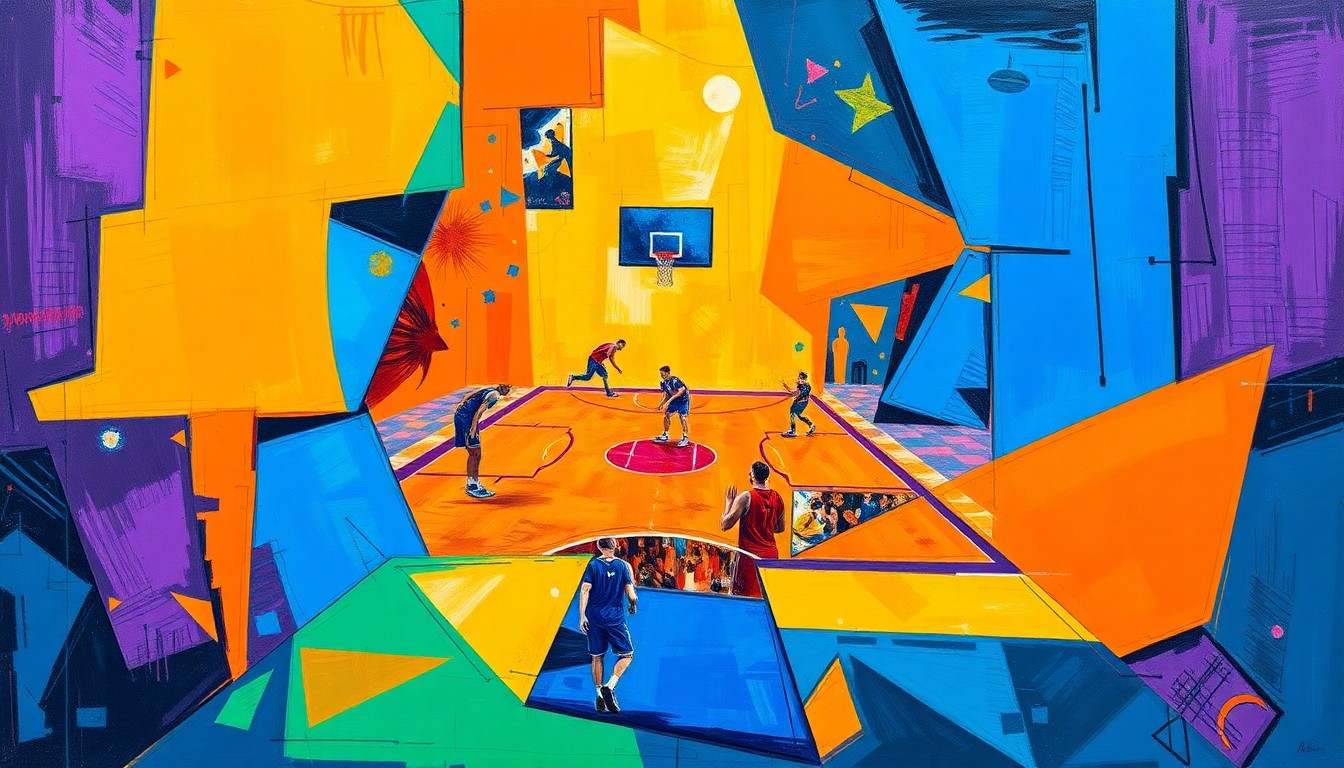 A cubist, fragmented painting depicting a basketball game or match, with the players and court broken down into sharp, overlapping geometric shapes in vibrant colors like blue, orange, and purple.