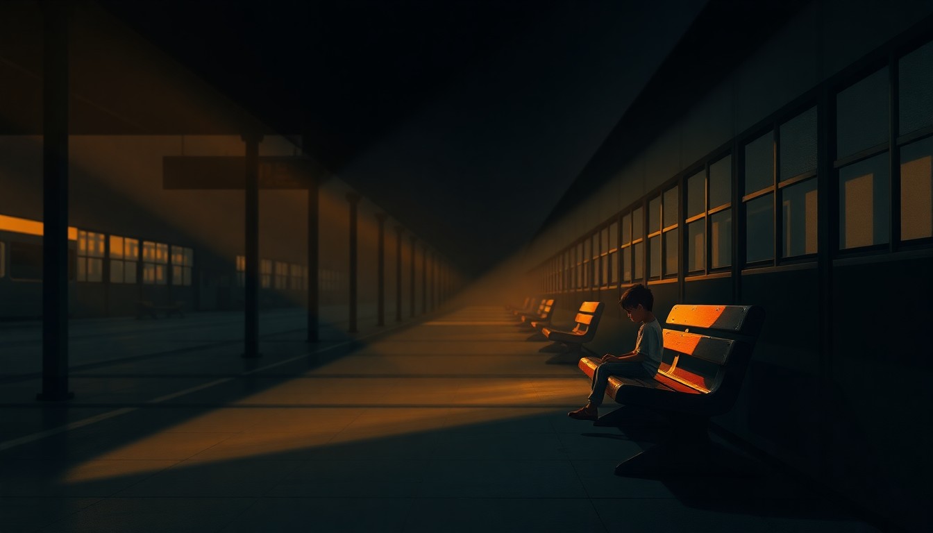 A somber, cinematic painting of a young child sitting alone on a bench in a dimly lit bus station, the warm light and deep shadows conveying a sense of isolation and melancholy.