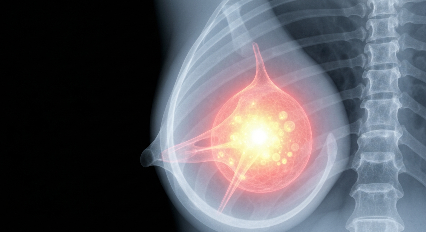 A translucent, ghostly X-ray photograph revealing the internal structures of a human breast, conceptually representing the clinical progress of a new cancer immunotherapy.