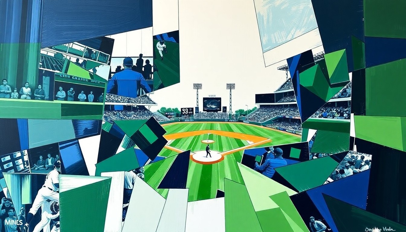 A cubist-style painting featuring sharp, overlapping geometric shapes in navy blue, forest green, and bright white, conceptually representing the dynamic action of a baseball game.