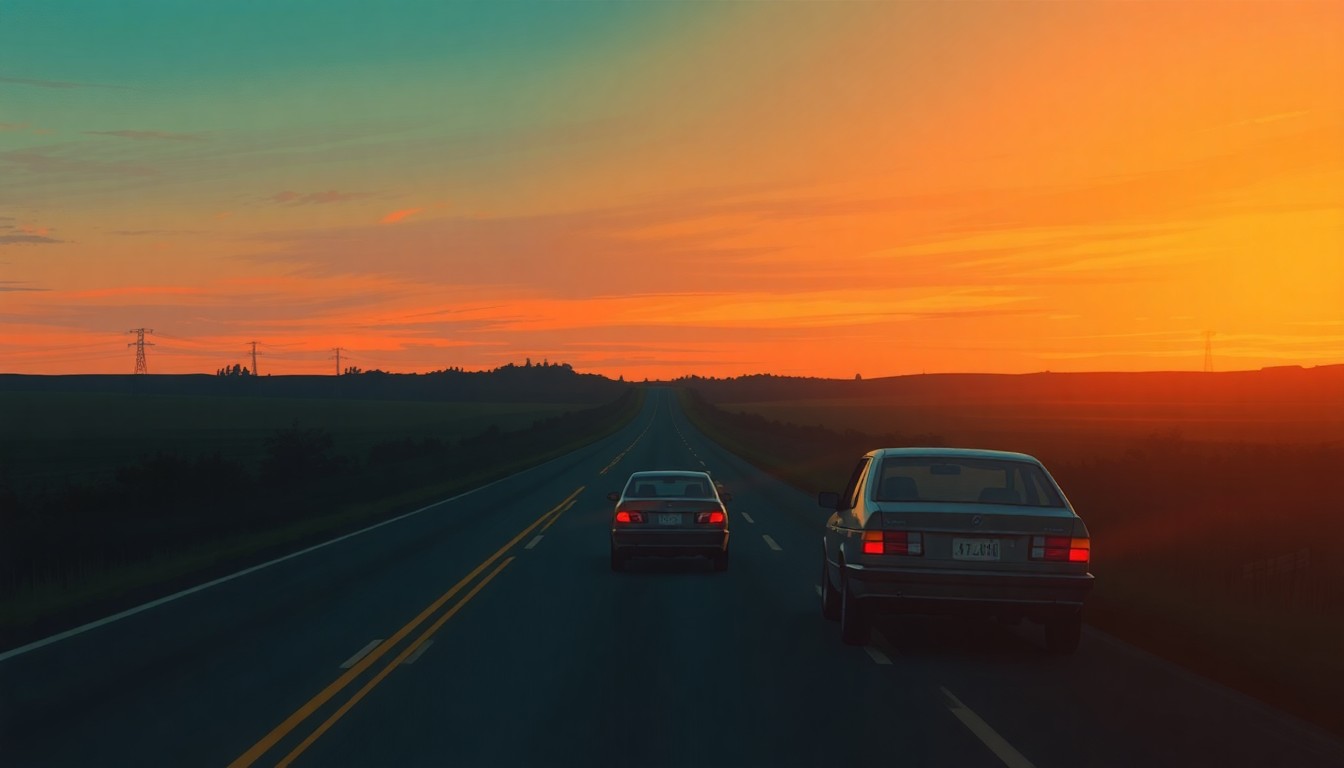 A moody, atmospheric painting of a lone car on a rural highway at dusk, with warm light and deep shadows creating a sense of solitude and contemplation, conceptually representing the lingering impact of a tragic accident.