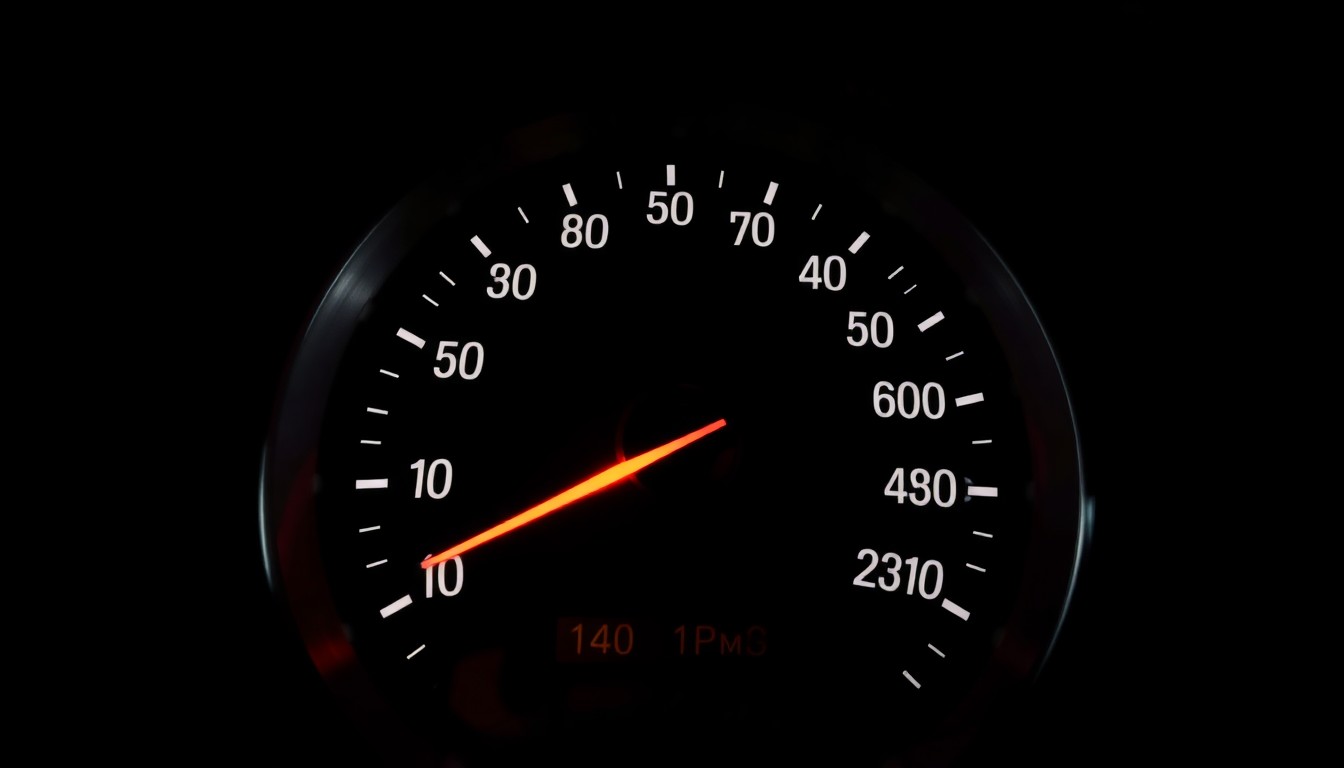 An extreme close-up photograph of a car's speedometer needle pegged at 140 mph, lit by a harsh, direct camera flash against a pitch-black background, conceptually illustrating the dangers of a high-speed chase.