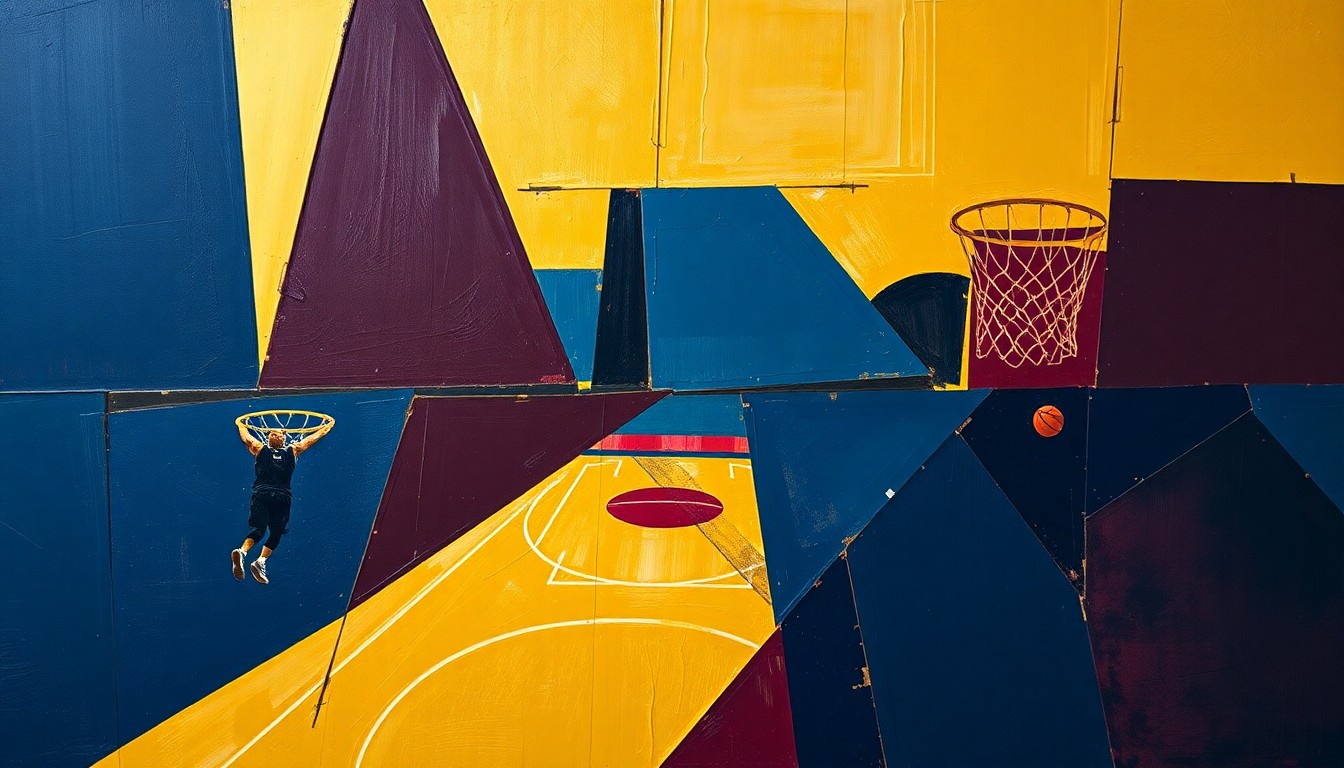 A fragmented, geometric painting depicting basketball players in motion, with sharp planes of navy, burgundy, and gold colors overlapping to create a dynamic, abstract composition.