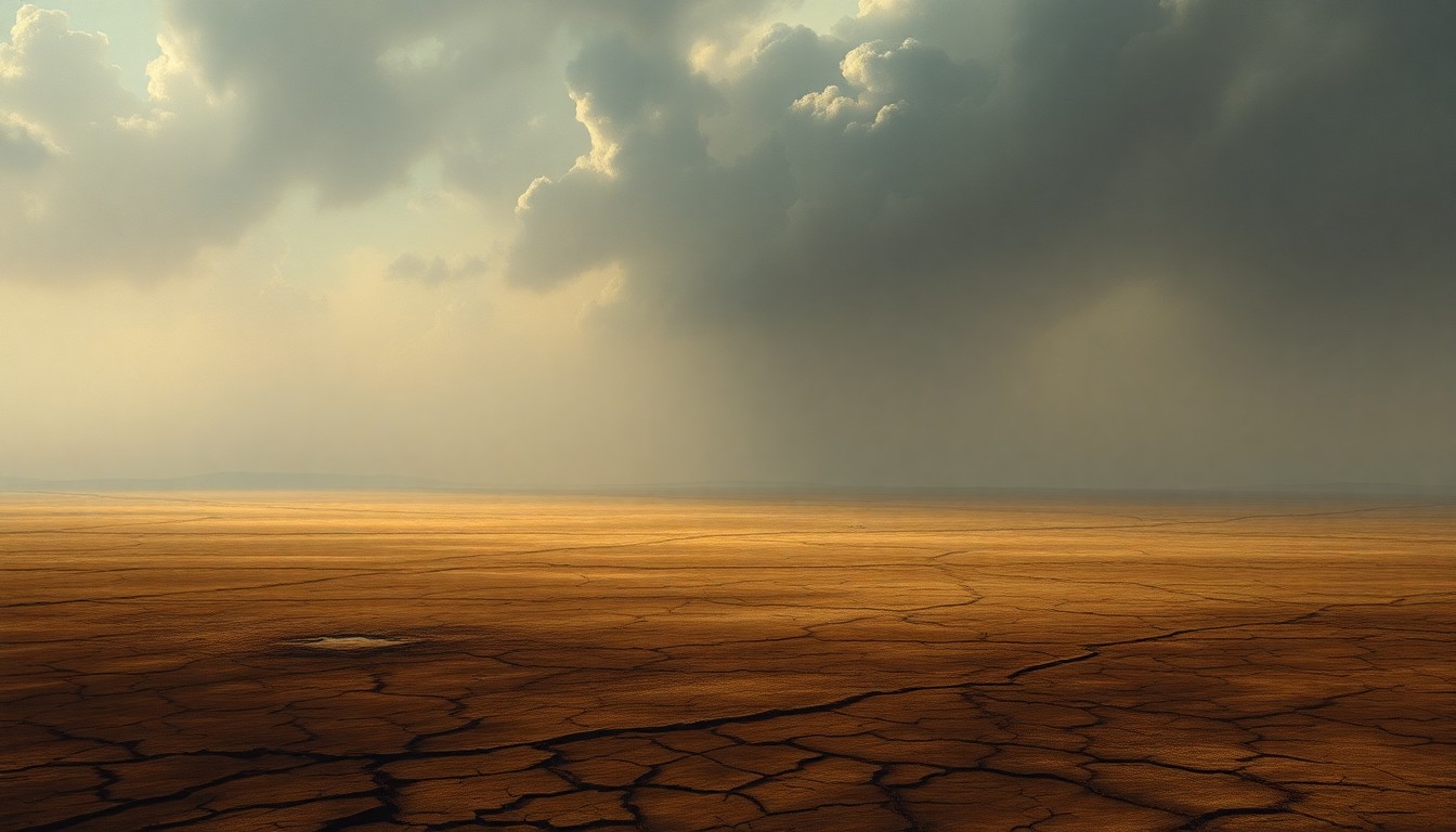 A vast, atmospheric landscape painting in muted earth tones, with a cracked, dry riverbed cutting through the center of the frame and a hazy, oppressive sky above, conveying the overwhelming scale and impact of the drought on the natural environment.