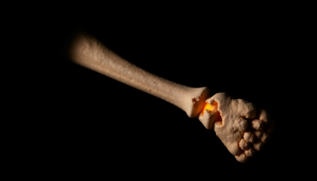 An extreme close-up photograph of a fractured child's leg bone, captured with harsh, direct lighting to create a stark, gritty investigative aesthetic, conceptually representing the serious injury at the center of this daycare abuse case.