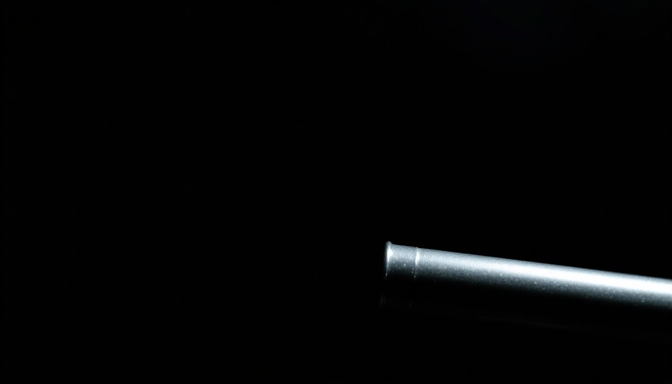An extreme close-up photograph of a metal pipe or rod against a pitch-black background, lit by a harsh, direct camera flash, conceptually representing the physical evidence in an alleged assault case.
