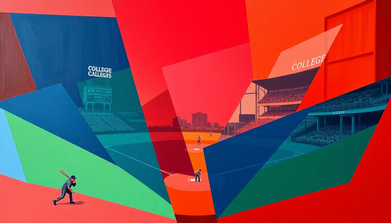 A cubist-style painting featuring overlapping geometric shapes and planes in shades of red, blue, and green, representing the dynamic action and strategic elements of a college baseball game.