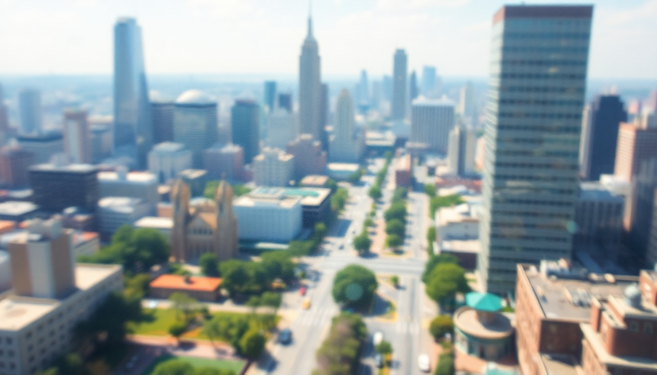 An abstract, impressionistic scene of a vibrant, sun-dappled cityscape with skyscrapers, parks, and bustling streets, conveying the energy and livability of a thriving urban center.