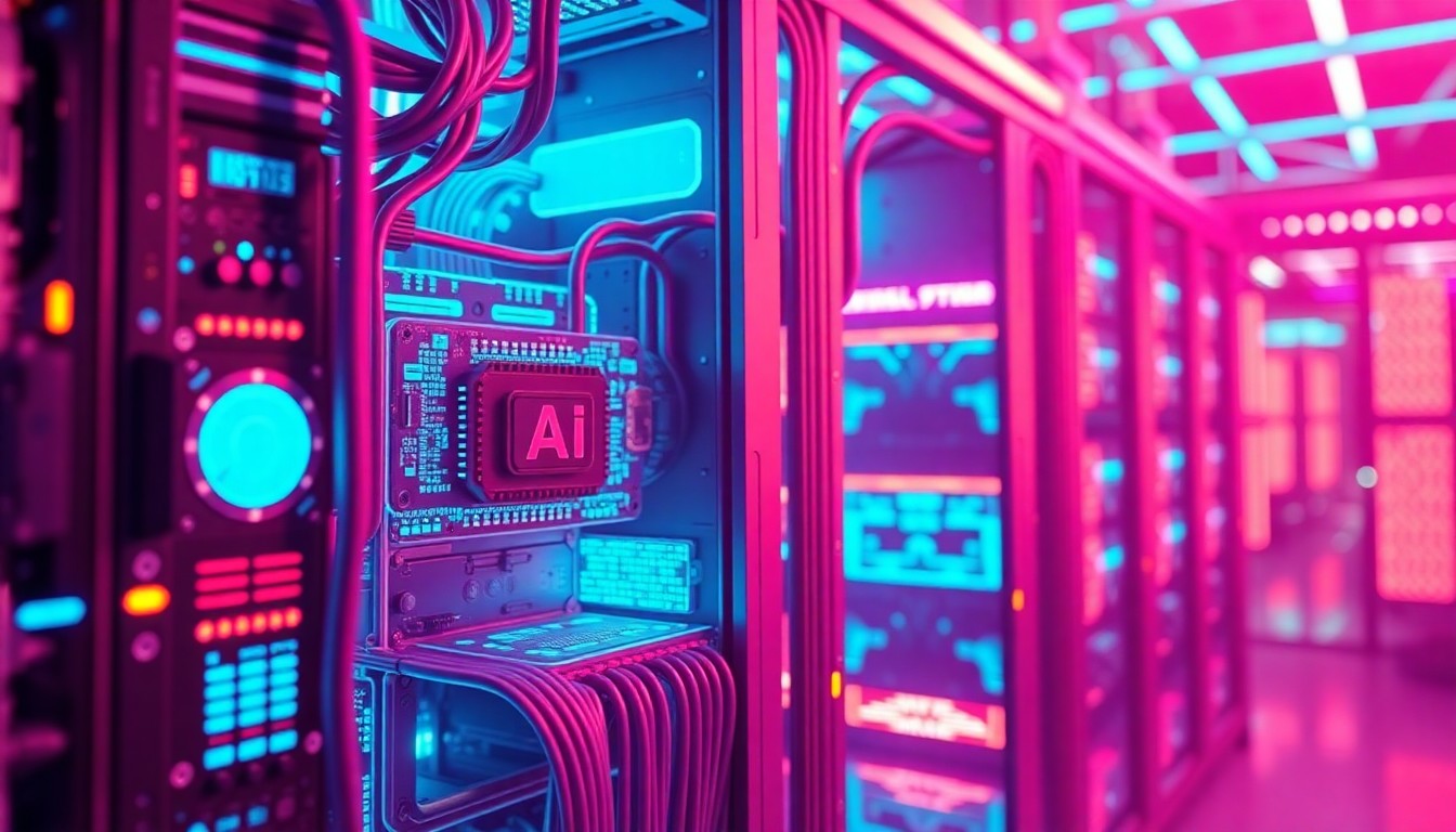 A highly detailed, glowing 3D illustration of futuristic AI hardware components and infrastructure, including illuminated circuit boards, data cables, and server racks, all bathed in a vibrant neon cyan and magenta color palette, conveying a sense of advanced, cutting-edge technology powering the latest AI systems.