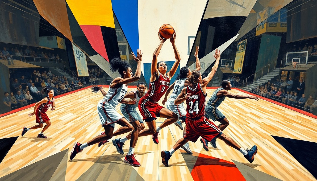 A cubist, geometric painting depicting the dynamic motion and energy of a WNBA basketball game, with the players' figures deconstructed into abstract shapes and forms.