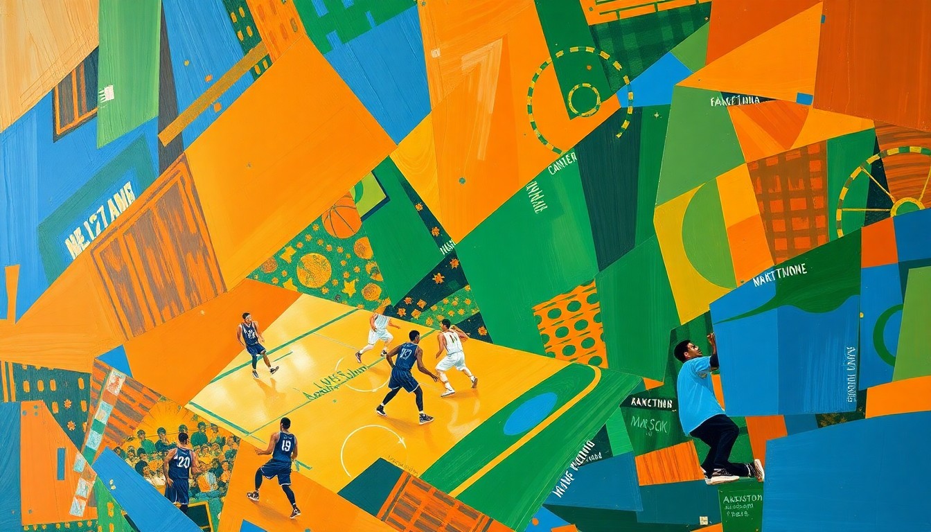 A cubist, geometric painting featuring overlapping planes of vibrant orange, blue, and green colors, capturing the energy and movement of a basketball game in an abstract, deconstructed style.