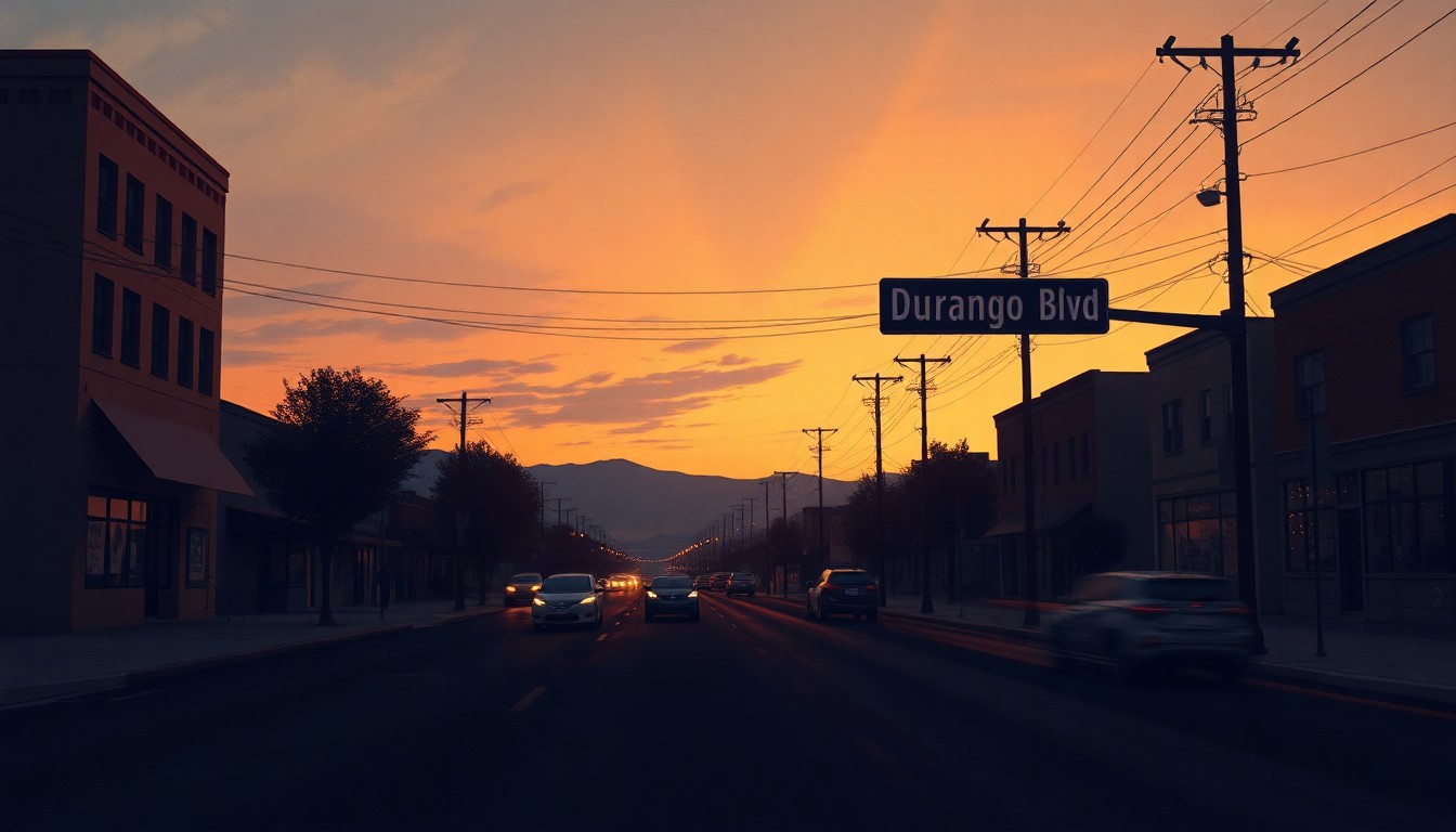 A serene, cinematic painting of a dimly lit city street at dusk, with a lone street sign for 'Durango Blvd' standing out in the warm, golden light, capturing the nostalgic and contemplative mood of a community grappling with the legacy of a controversial historical figure.